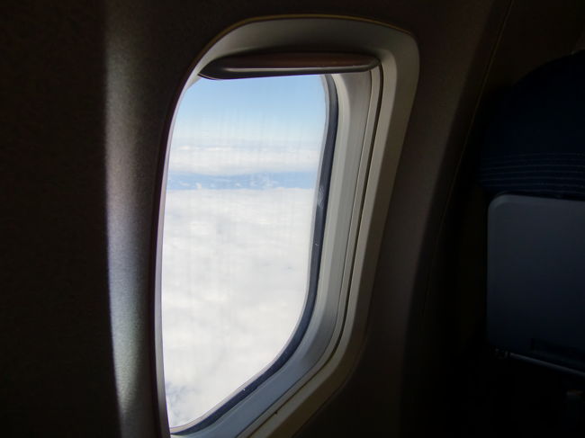 自席より窓の外の眺め<br /><br />飛行中はずっとこんな感じで雲に覆われて地上は見えませんでした。