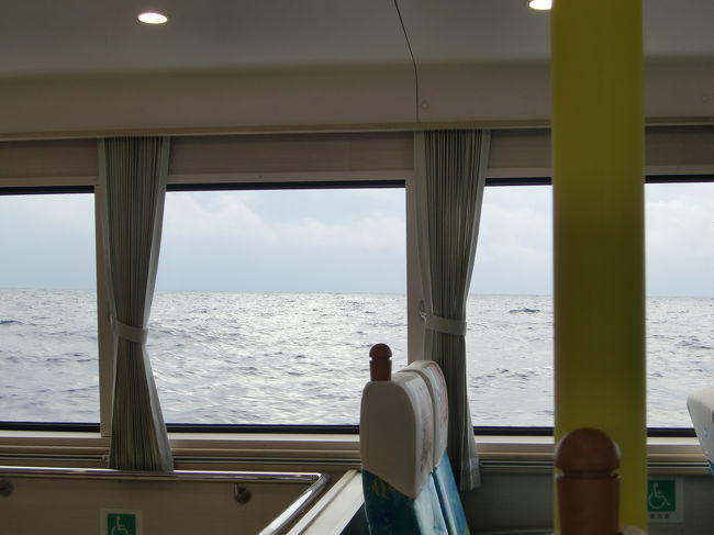 黒島を過ぎて外洋に出ると揺れも本格的になりました、<br />通常の八重山の高速船のような上下に揺れるピッチングはあまり感じませんでしたが、<br />ローリングが結構きつく感じられました。<br />通常の高速船は小刻みに激しく揺れるような揺れですが、<br />新型双胴船はユラユラとゆっくり揺れるような揺れです。<br />従来より船体も大きく双胴船なので揺れないかと思いましたが、<br />船は大きくても揺れる時は揺れるものです。