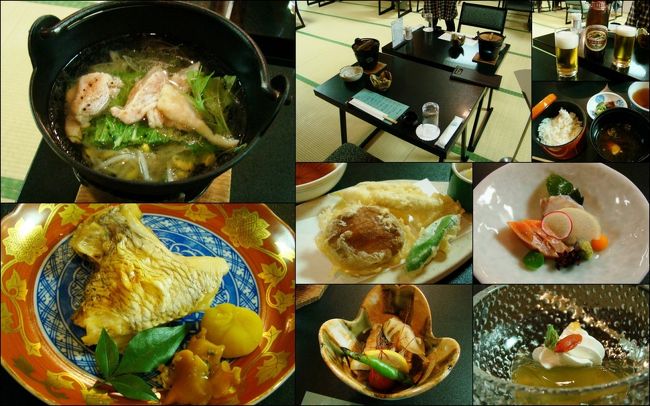 夕食は畳敷きの大広間で、椅子とテーブルでいただきました。<br /><br /><br />ヘルシー和食膳プラン。<br />ちょっと寂しい感じはしたけれど、意外に満腹になりました。