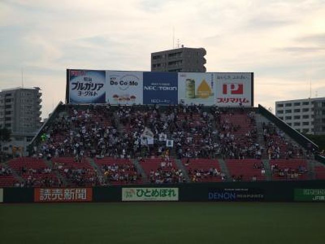 ロッテ応援団は試合前から盛り上がっている<br /><br />こっちもビールを飲んで試合観戦に備える