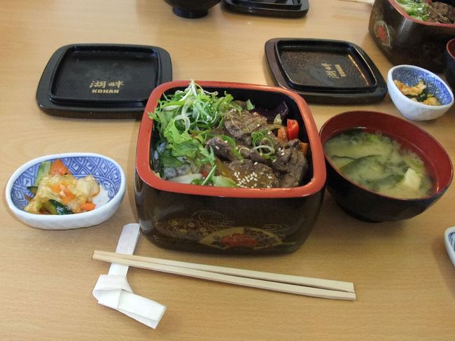 １２：３７　テカポ湖にあるレストラン〈湖畔〉でランチ<br />サーモン・ラム・ベニソン（鹿）丼より選べたので、ベニソン丼にしました。<br />甘じょっぱい味付けで、焼き肉のたれが近い味でしょうか？<br />鹿肉は高級なので他のメニューに比べると量が少ないと聞いていましたが、十分おなかいっぱいになりました。<br />