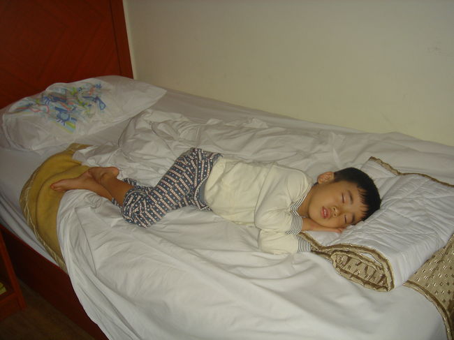 スワンナプーム空港に着いてピックアップしてもらって、ホテル到着は深夜。<br />坊ちゃんはホテル到着前にネンネ。<br /><br />チェックイン後、私が子供を抱き、ポーターさんと一緒に部屋に到着し、チップを渡したらポーターさんが<br />『コップン　カップ』<br /><br />そしたら坊ちゃん急に起きて<br />『こっぷん　かっぷ！』<br /><br />しかもワイ付き！<br />びっくりしました。<br /><br />旅行前に有名タイ語は教えていたのですがまさか