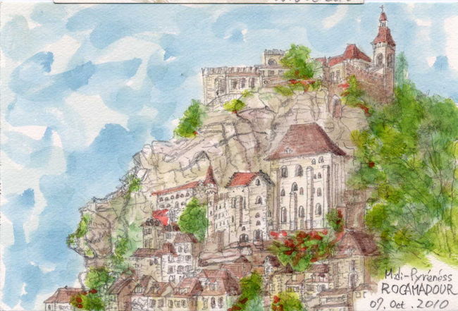 ここも有名な「美しい村」。<br />時速70〜90で一般道を走り、Gramatを経由してRocamadour へ。<br />細い山道や4駆の走りそうな道、草ぼうぼうの道に、<br />ほぼ高速道と走り、疲れました。<br /><br />２０１０．１０．７（木）雲ひとつ無い快晴。<br />朝11度、午後は25度以上。日差しが痛い。<br />今日は朝焼け。08:05起床。移動も無いのでのんびり。<br />朝食は、コーヒーを沸かし、栗、りんご、黄桃。<br />車で、スケッチ出来る所をロケハン。Rocamadourを中心に一回りする。<br />道なき道に突っ込んだが、やはり、Ｕターン。<br />何箇所かいい場所があり、最後の場所で、お絵描き。12時を過ぎる。<br />バゲット大1.35、クロワッサンとデニシュ1.5を買い、宿に戻って、昼食。<br />赤ワイン、バゲットに山羊のカマンベール、ソーセージ、たまねぎ、トマトのサンドイッチ、コーヒー。栗も少々食べる。あっさりして旨い。<br /><br />2時過ぎ、お散歩へ。さっき車で通れなかった、道を歩いていく。しかし、道が不明になり、構わずいくと、通せんぼ。戻って、未舗装道をどんどん行き、牧草地にも入って歩く。<br />絵を描くというので、歩きながら何種も収穫。