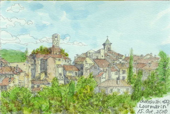 宿代48（税込み）を払って、0850チェックアウト。<br />Menerbes 0942着。靄がかかって結構寒い。<br />人少なく静か。日本人の団体。見学のみ。<br />Lacoste 1020着。サド侯爵・観光客なし。廃墟の館。登って降りる。<br />1050発。Bonnieux を通過。Lourmarin 1127着。<br />宿のおばさんに教えて貰った通り、マルシェをやっていた。<br /><br />昨日の白ワインと、赤ワイン Coteaux de Languedoc AOC2008 を開ける。<br />昨日との合計走行約242.2ｋｍ。累計1,374km。<br />今日もまた山道や高速を良く走りました。