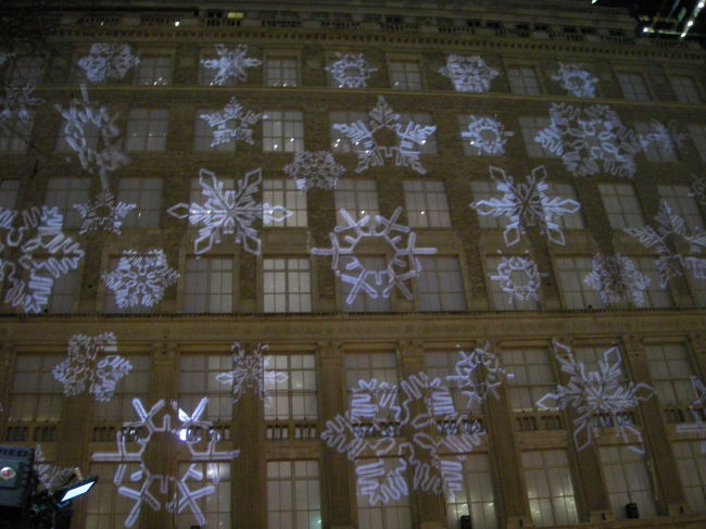 きゃーきゃー騒いでたら、後ろ後ろ！と友達に言われ、後ろをみたら、さっきのsaksにライトでデコレーション！<br />音楽に合わせて雪が降ったり積もったり、雪の結晶が動いたり、バブルがはじけたり、もう本当にすてきでした！<br />00分に、のようにタイミングがあるようですが、これは見逃せませんよ！ＮＹへ行く人！<br />