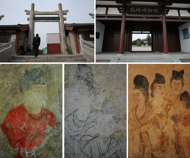 運転手さん、おまちどおさま〜。<br />次の懿徳太子墓、永泰公主墓(乾陵博物館)にお願いしま〜す。<br /><br />乾陵−懿徳太子墓−永泰公主墓の間は車でそれぞれ１０分程度。<br /><br />懿徳太子墓は高宗と則天武后の孫、永泰公主は同じく高宗と則天武后の孫娘で、その２人の陵墓や出土品が見学できます。<br />左上の画像が懿徳太子墓への入り口、右上の画像が永泰公主墓(乾陵博物館)への入り口。<br />どちらも夏は８：００〜１８：００、冬は８：３０〜１７：３０オープン。<br />チケットは懿徳太子墓が３０元、永泰公主墓(乾陵博物館)が２５元でした。<br /><br />どちらも地下の墓室に至る参道に壁画が残っています。<br />左下２枚の画像は懿徳太子墓の壁画の一部、右下の画像が永泰公主墓の壁画の一部です。<br />ただし、懿徳太子墓の壁画はレプリカということで、永泰公主墓の乾陵博物館にあるのがオリジナルだそうです。<br />薄暗いトンネルのような参道は結構長いので、一人だとちょっと怖いと思う人がいるかも。<br />墓室の中には黒い石棺が置いてあって、その浮き彫りと大きさにびっくり。暗すぎてよく見えないのが残念でした。<br /><br />どちらもそれだけ目指して行くとすぐ見終る規模。<br />SUR SHANGHAIと同じように、いくつか見所を組み合わせて行ってみるといいと思います。