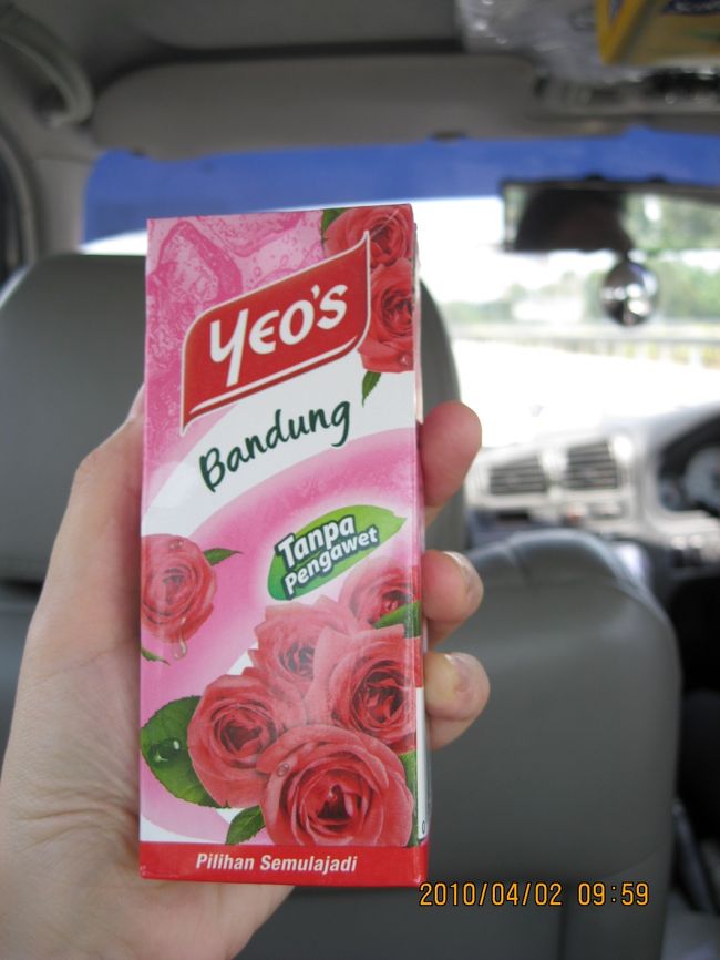 空港のコンビニでバラのイラストに惹かれて買ったパック入り<br />ジュース。お味は････、甘くてヘンな味。