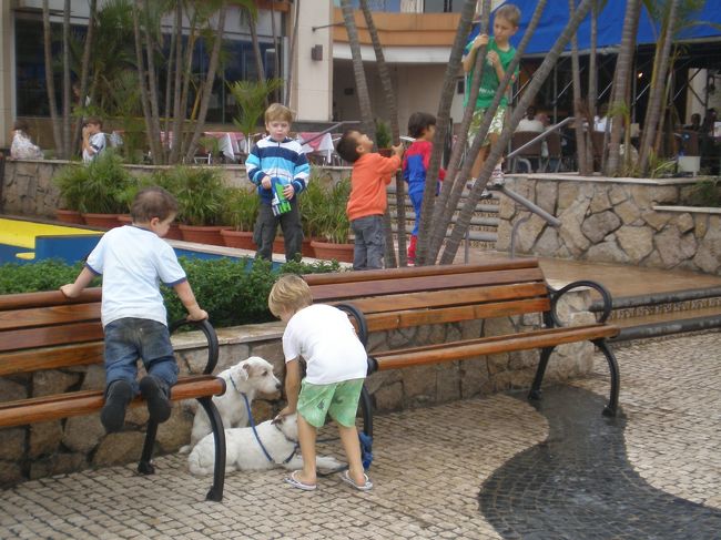 Ｄデッキで遊ぶ子供たち。ペットのワンちゃんたちも仲間です。