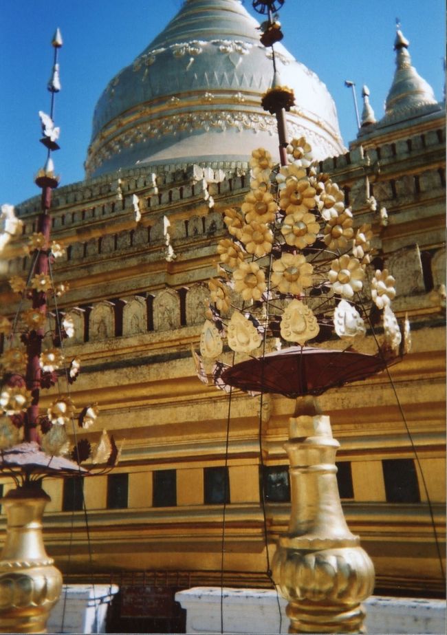 パガンを訪れたら最初に行きたい有名観光地、シュエズィーゴォン・パゴダ。<br />朝日に強く輝く金色の綺麗な仏塔が印象的。