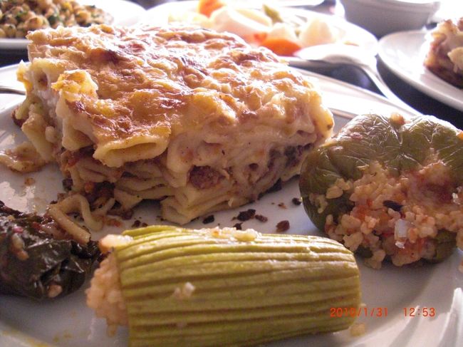 メインは、エジプト風ラザニア。 <br />と、茄子と、ズッキーニ？と、ピーマンの中にケチャップライスが入ったもの <br />（私の嫌いなもの、盛合せ!!） <br />エジプトの家庭料理なんですって。 <br />現地ガイドさんの得意料理って言ってた。 <br /><br />ラザニアは、美味しかったんだけど <br />ボリューム多すぎで（パンの食べすぎとも言う） <br />食べきれませんでした。<br /><br />