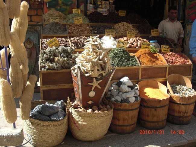 スパイスが多かったです。<br />ヒトデ?? 真っ青な香辛料とか <br />お父さんに交渉してたけど・・・・ <br />調理法わかんないけど…（＾＾） <br /><br />ここで面白いのは 変な日本語たくさ〜〜〜ん！ <br /><br />『やくざ』『儲かりまっか〜、ぼちぼちでんな〜』 <br />新しいところで…（？） 『そんなの関係ねぇ〜』 <br />もっとも多いのが（エジプト全体でだけど） <br /><br />『山本山！』 <br /><br />なぜだ〜〜〜〜〜ぁ？！ <br />ガイドさんいわく、エジプト人が言いやすい発音なんだそうです。 <br /><br />あと、おしいのが 女の人、皆に <br />「可愛い。可愛い」 っていうんだけど <br />同じ意味だと思ってるんだろうね〜 <br /><br />「凄くかわいそう」（笑） <br /><br />って言うの〜、言葉って難しい。 <br /><br />そして、歌う歌は　ハトポッポ・・・・♪ <br /><br />観光用市場は、一直線なんだけど <br />横道に入ると、地元の生鮮食料品売り場 <br /><br />ここは、値段がちゃんと書いてありました。 <br /><br />今夜は寝台車なので、そこで食べる、オレンジとトマトを購入。<br /><br />言葉がわかんないけど、 <br />私、アラビア数字だけは読めるようになったので <br /><br />たぶん、？キロ＝５エジプトポンド（約85円）って <br />書いてあったから <br />「このオレンジ、チョーダイ」 <br />って言ったら、めちゃくちゃ多くて（笑） <br /><br />トマト買う時は <br />『１エジプトポンド（約17円）だけチョーダイ』 <br />みたいにしたら <br /><br />やっぱりすっごい多くて！ トマト６〜７個買えた（笑） <br /><br />やっぱり、地元は安いんだね！<br />