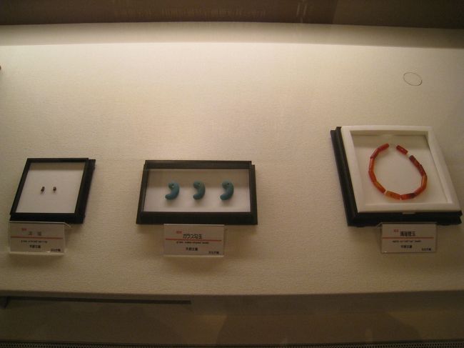 ガラスの勾玉<br />形や大きさから胎児に見えます。<br />他の装身具の副葬品からみて、女王か女性のシャーマンの墓だったのでしょうか。