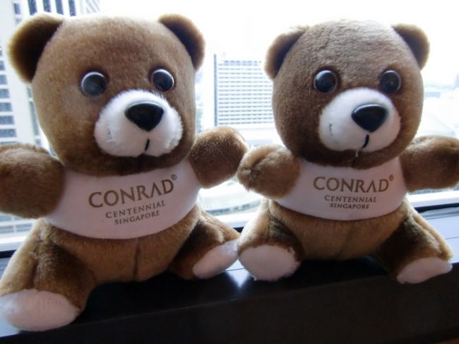 空港からタクシーでホテルへ。（30分弱、20ドル強）<br />ホテルに到着する頃には、スコールも止んでいました。<br />今回利用したホテルは、マリーナ地区にある「コンラッド・センテニアル・シンガポール」。<br />素敵なホテルでした。<br /><br />まずはレセプションでウェルカムドリンク。<br />チェックイン後は、ホテル・ウーマンが部屋までの案内と、部屋設備説明を丁寧にしてくださいました。<br />FMからクラシックがBGMで流れて・・。（これは毎日、部屋へ戻ると流れるようセッティングされていました。）<br />名物のコンラッドベアも可愛さ一杯で出迎えてくれます。<br />毎日、白いトレイにフルーツと、甘いチョコレートもテーブルに置かれていました。<br /><br />ホテルマン・ウーマンの接客レベルは高く、とても気持ち良く過ごせました。<br />また泊まりたいホテルです。