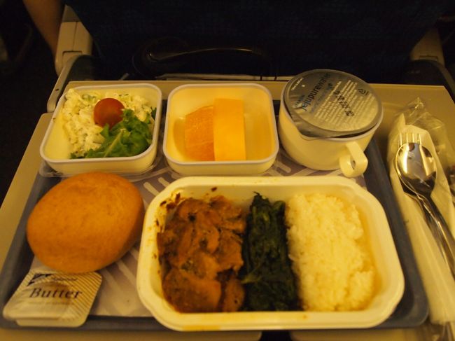 隣の韓国人ファミリーの子がすごい通路に何度も出たがって（父親も『sorry』も『excuse me』の一言も無い！！挨拶は万国共通の礼儀だろ！！ってことで、子も子なら親も親だな…と本当思ってしまった…）、そのたびに通路側の私が立たなくちゃいけなくてイラッとしてた頃に本日3回目の機内食。<br /><br />前の食事のときに思いっきり韓国語で食事を尋ねられ（ま、同じアジア人だしね…）『？？』って顔をしてから私が日本人だとわかったらしく、それからはちょっと日本語がわかるCAさんが回ってきてくれるようになりました。<br />で、機内食で『コロッケか魚料理、どちらにしますか？』みたいなことを聞かれたので魚料理が食べれない私は迷わずコロッケチョイス。<br /><br />…で、出てきた料理がコレ…。<br /><br />…え？コロッケじゃない…よね…？？？（笑<br />味はおいしかったけど…。何でコロッケって言ったんだろう…。謎。<br />