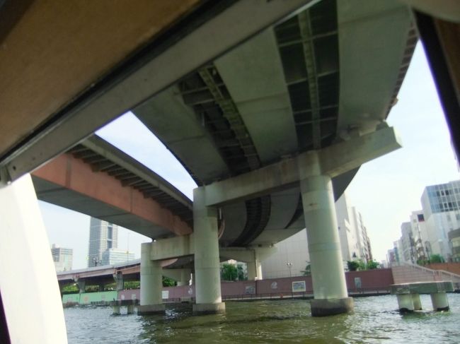 両国大橋（首都高6号線、7号線の両国JCT）<br /><br />構造形式：3径間連続鋼床版箱桁、3径間連続鋼床版3箱並列桁、単純活荷重合成桁、門型鋼橋脚<br />橋長：329.5m <br /><br />竪川との合流地点