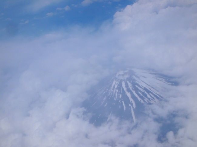 離陸後ちょっとして、窓の外をのぞくと山が…。<br />マップを見るとちょうど静岡あたり。…富士山？？