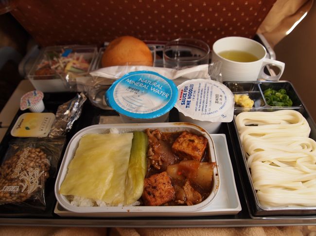 待ってました機内食♪<br />機内食の前に機内食の説明が載った本が配られました。英語と日本語でメニューが載っていて、これはすごく親切…！！<br /><br />何社か機内食食べてますが…多い…ような…。<br />そばは何回か機内食経験済みでしたが、うどんは初。そしてしょうが！！わさびダメな私としてはポイント高し！！（←<br />メインもサラダもおいしかったです〜（＾＾