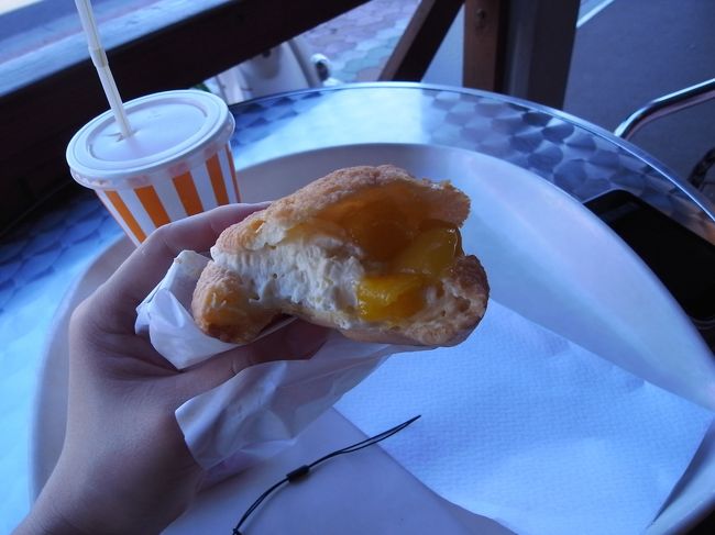 離島ターミナルの向かいの『お菓子のマルシェ』でおやつタイム。<br />マンゴーシューとパッションフルーツのジュース、とってもおいしい〜♪<br />マンゴーシューは果実たっぷり入ってるのに２１０円とお手頃価格なのもうれしいし。<br /><br />でも食べるとこは外のテラスなので、くそ暑いですけどね。