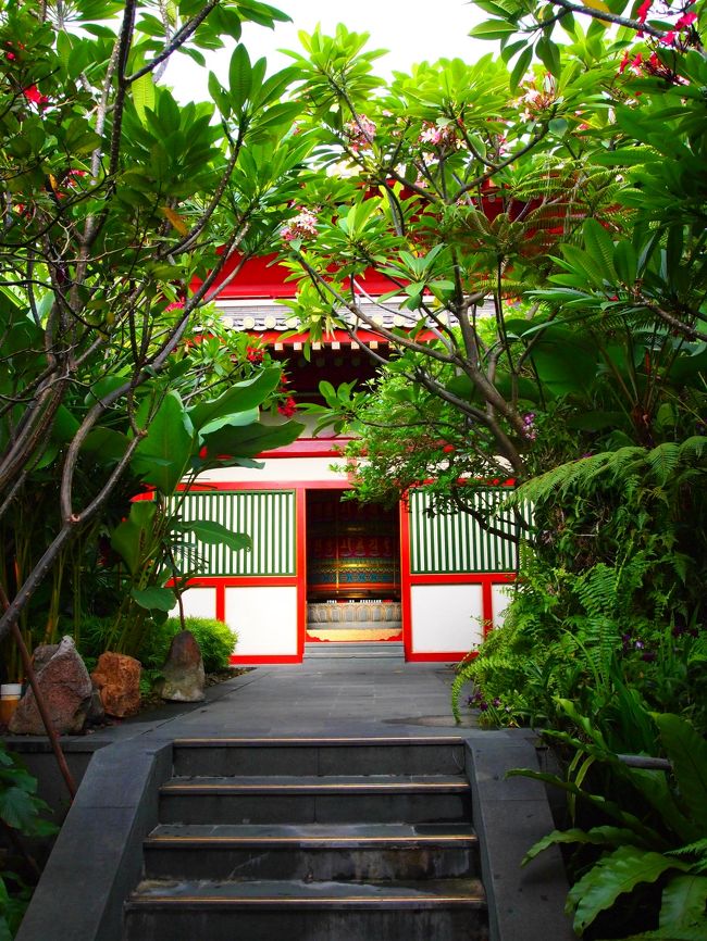 お寺の屋上には植物が生い茂り、その中に小さなな建物があります。