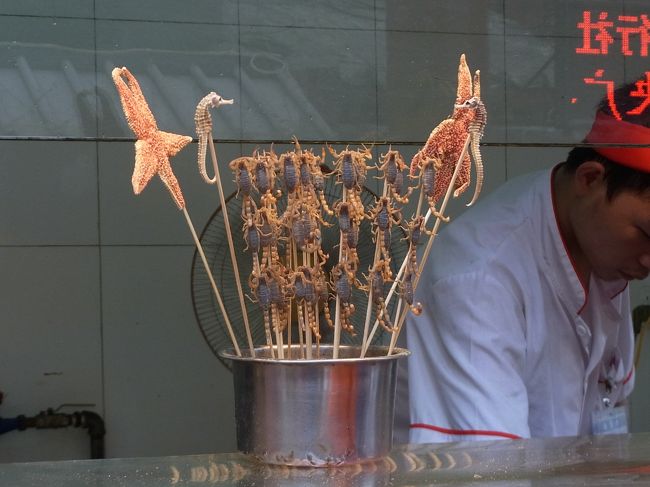 さっそく王府井へ。観光客しか食べないといわれているサソリ串。<br />このあたりはとにかく人が多くて歩くのも大変！（とこの時は思ったが、どこにいっても人が多いのだということに後から気づく、、そりゃ10億人もいるもんね、、）