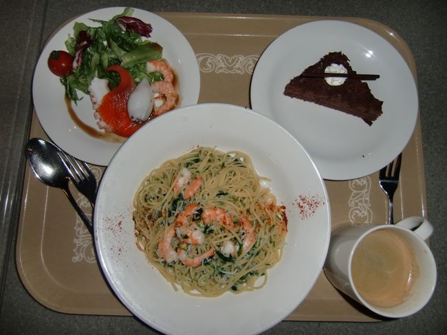 　寒さを逃れる為と、食事の為、少し早い夕食をとりました。<br /><br />カフェ・ポルトフィーノでパスタセットを食べました。<br /><br />パスタ・サラダ・飲み物・デザートで1780円。<br /><br />私は、えびとアオサ海苔のパスタにしました。<br /><br />塩味が適宜に効いて、えびのぷりぷり感も食欲をひきたてました。<br /><br />ちょっと辛いかな・・って思いましたが、美味しかったです。