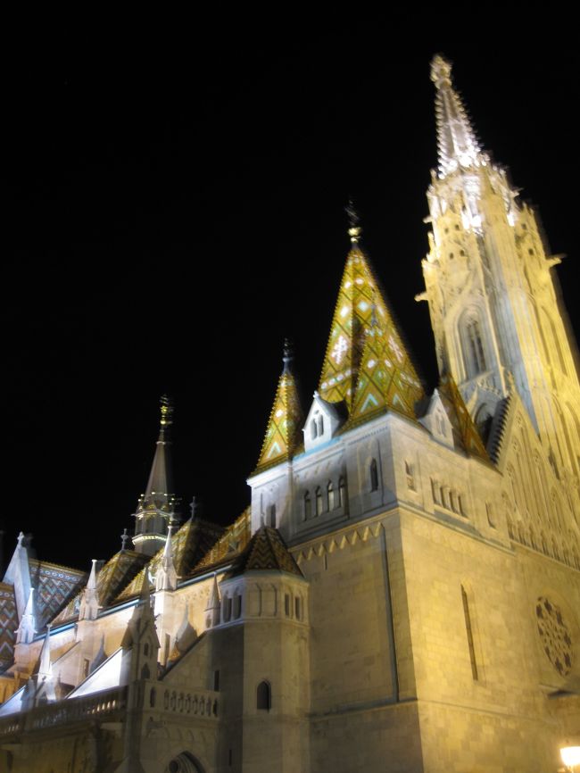 王宮周辺でゴハンを食べ（お腹が空き過ぎて、写真を忘れましたトホホ…美味しかったのに）<br />夜のマーチャーシュ教会。