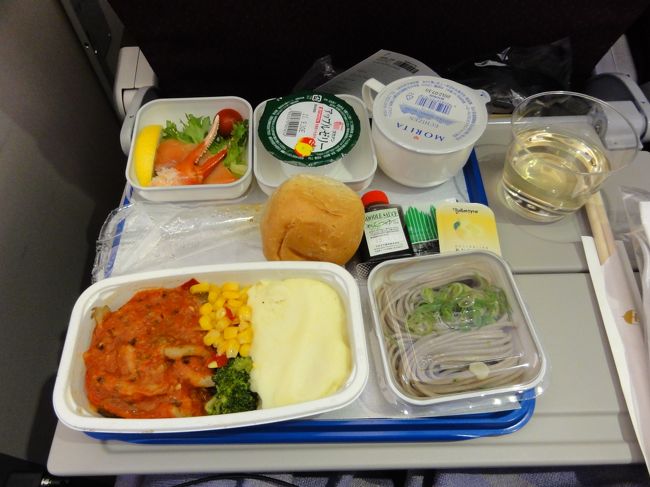機内食のフィッシュ。<br /><br />日本からの便なのでわりと食べやすい味です。<br /><br />蕎麦はANAやJALで出るものと同じようなものです。<br /><br />日本発の機内食のパンは相変わらず給食のパンみたいです。
