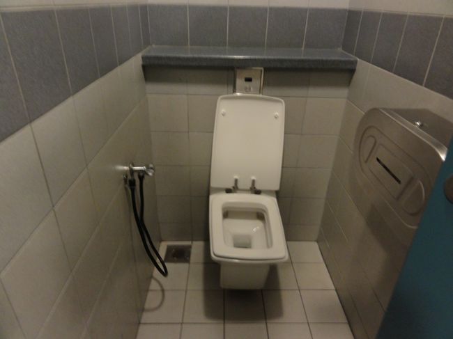 さてトイレ拝見。<br /><br />左のシャワーはお尻を洗うためです、つまりイスラムでは左手が不浄の手と言われているので前向きに座るようです。<br /><br />トイレ自体はきれいです。女性用は別に和式（？）もありそちらが女性にはなぜか人気だったっそうです。