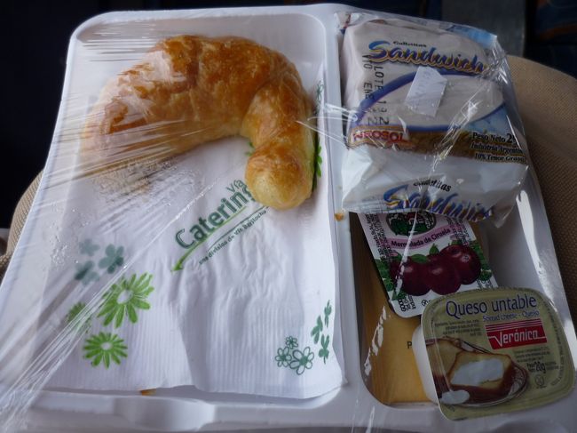 配られた朝食。これはまだ食べられる。<br /><br />夕食に配られたものが食べられず、野菜のみちびちび食べてると隣のおじさんがみかねて（？）「塩とビネガーがあるからそれかけなよ」と英語で言ってくれました。<br /><br />余談ですがこのおじさん、けっこうな巨体なのに物凄い静かに寝るんです。あまりに静かでしかも身を縮ませてるからいないのかと思って「？？どこに行った？」と不思議に思ってたらずっと居たっていう…