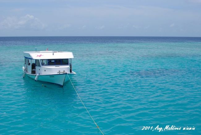 クルーズの後ろからずっとついてきてくれるダイビング専用<br />ボート。かわいい人でのでかいステッカーが貼ってある。