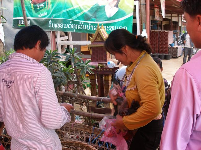 他の商品同様　生きた鶏をピンクのビニール袋に。