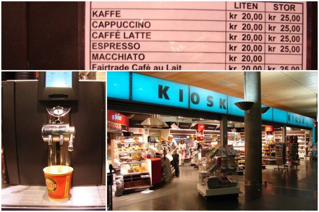 駅と空港の写真が混ざっています。<br /><br />コーヒーと価格表は駅のもの。<br />このマシンで淹れたコーヒーがこの旅行中でいちばん美味しかったような気がする。<br />小さいのは20クローネ。<br />写真では見えないけど、紅茶も同じ価格でした。<br /><br />KIOSKは空港のもの。<br /><br />到着ロビーに2−3箇所あった。<br />待ち合わせていた成田からの便が2時間くらい遅れ、<br />0時を過ぎていたけれどお店は開いていたので<br />待ち時間の間の小腹を満たすのには助かりました。<br />