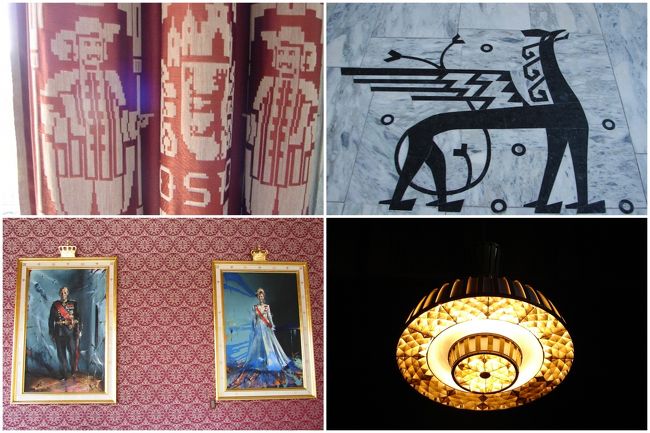 左下は前の市長夫妻（だったかな？）の肖像画。<br /><br />なんだかおどろおどろしく幽玄的に描かれているのは何故だろう？<br />ここの人の感覚だと違うのかな。<br /><br />すべてが凝っている。<br /><br />カーテンの模様、床の模様、壁、灯り。