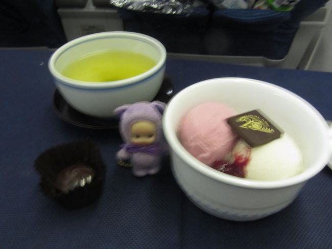 デザートのアイスクリームとチョコ。<br />さっきからフルーツが食べたいのに、ラウンジといい、機内食といい、なんでフルーツが出てこないんじゃい！？<br /><br />不貞寝します。