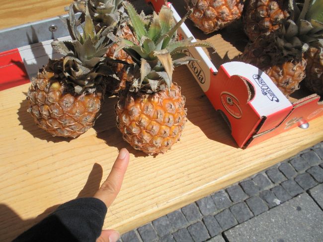 教会前にミニミニパイナップルを売る店が！<br />指の大きさからその大きさを想像してみてくださいね！