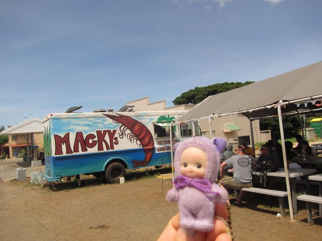 午後はノースショアを目指します。<br />ガーリックシュリンプで有名なお店（？）でお昼ご飯をいただきます。<br />トラックで売っていて、その横のテントで食べるスタイルです。<br />ノースショアのシュリンプ屋さんはみんなこんなスタイルみたい。