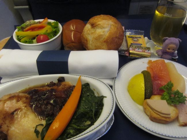 お昼御飯の機内食。<br />鶏肉のイチジクソースです。<br />おいしくいただきました。<br />ただ、パンが冷たくてパサパサだったのが残念。バターはおいしかっただけに、パンがあったかかったらもっと良かったのになぁ。