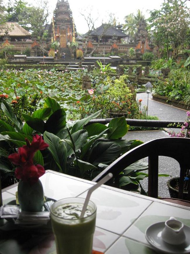 ホテルの人に王宮近くまで連れて行ってもらったものの、<br />大雨。<br /><br />あ、でも一日中振ることはないから大丈夫。<br /><br />ちょっとやむまでカフェでまったりしとこ。<br /><br />はいったのは王宮近くのCafe　Lotus<br /><br />ご覧のとおりの美しいお庭。<br />雨が降ってるのがまたすごく絵になる。みずみずしくて<br />なんともいえない穏やかな時間。<br /><br />噂のアボカドジュース（22000Rp）をここでいただきました。<br />アボカドと何がはいてるんだろう、すごくおいしかった。<br />またのみたかったんだけど、メニューになかったりで機会がなく<br />結局ここで飲んだだけになっちゃった。<br /><br />チョコソースはここのは入ってなかったです。