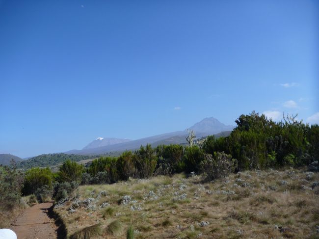 マンダラハットから30分ほど歩くと、初めてキリマンジャロが<br />見えてきました。かなり遠くに見えるので本当に登れるか不安でした。<br />右に見えているのはマウェンジ峰です。日本の剣岳みたいで、バリエー<br />ションルートになりそうです。