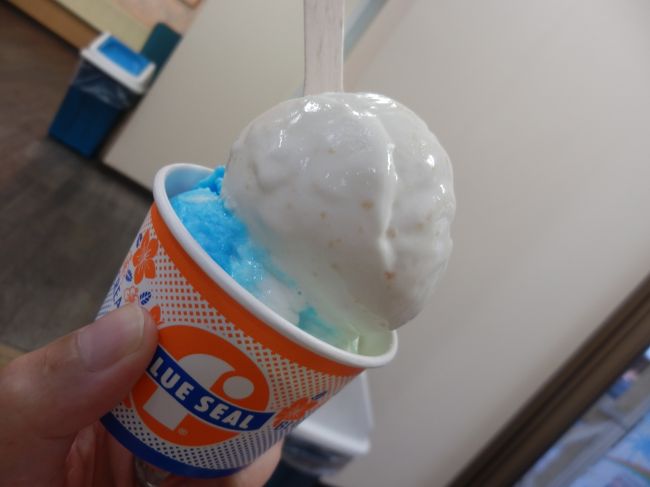 市場見て、ブルーシールでアイス食べて、<br />塩屋で土産のお菓子を購入。