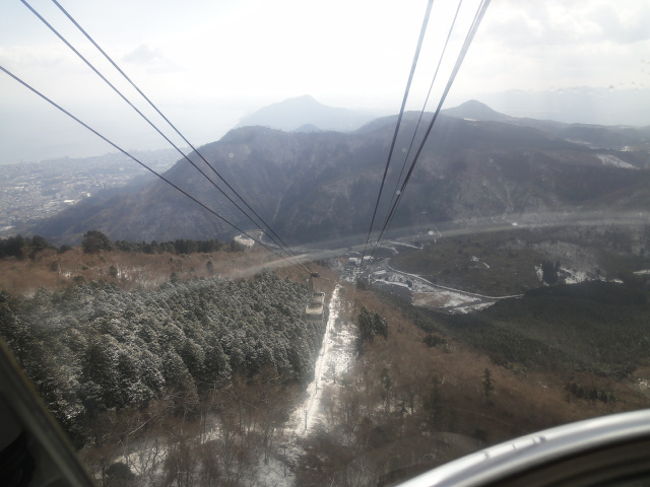 別府ロープウェイに乗りました。<br />標高500Mの駅から標高1300Ｍの鶴見岳の山頂へ。<br /><br />気温がゼロ度以下で、しかも早朝だけ、木々に氷の花が咲く<br />「霧氷」が見られるそうなのです。今日は冷え込んでいますから、見られるかも〜！？