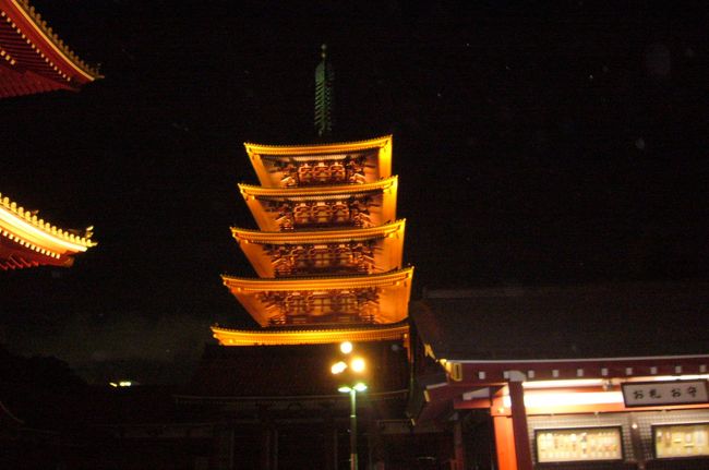 浅草は何度訪れても、楽しい町です。<br />浅草寺は外国人観光客も日本人の観光客も多く、いつもにぎわっています。<br /><br />友人と小料理屋さんで食事の後、お参りに。<br />五重塔もライトアップされています。