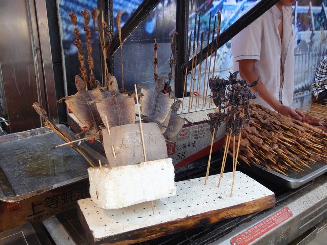 サソリやヒトデなど<br />サソリは生きたまま串刺しされていて新鮮<br />もちろん食べていない