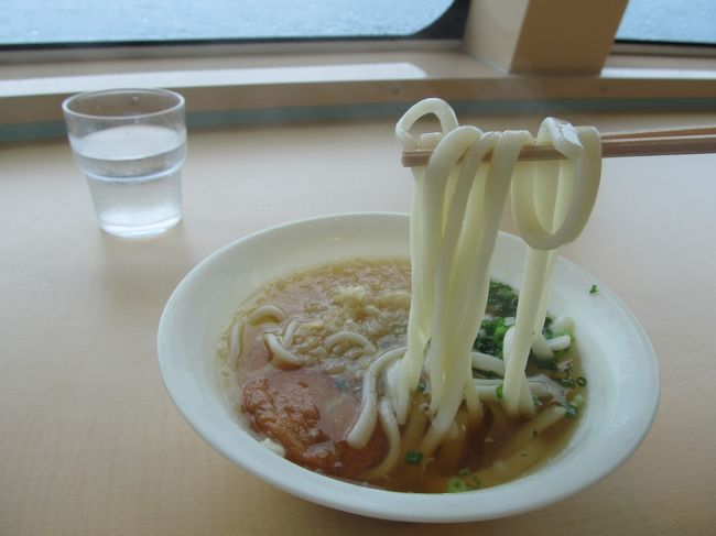 桜島フェリーに乗って桜島や錦江湾を眺めながら食べるうどんは格別。