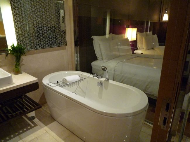 予想通りキレイ！<br />バスタブとシャワーブースが分かれてるタイプでオシャレ〜<br />しかも、バスルームが広い！<br />お部屋から丸見えだけど、ちゃんと自動でカーテンが下りてくるから心配なし！