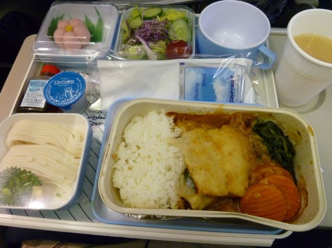 離陸直後に夕食登場！<br />魚をチョイス。<br />メインの味付けなどに少しずつエジプトっぽさが。。。<br />