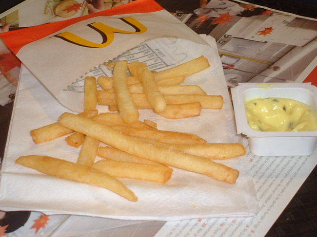 ここでの私のお勧めはポテトにつけるマヨネーズソースです！<br />オランダではマクドナルドでこのソースが買えるんですよ。<br />写真の右端に見えますか？ピクルスが入っていてお味はタルタルソースみたいなんです。前回オランダに旅行してから○年振りで食べられました(^ ^)。<br />