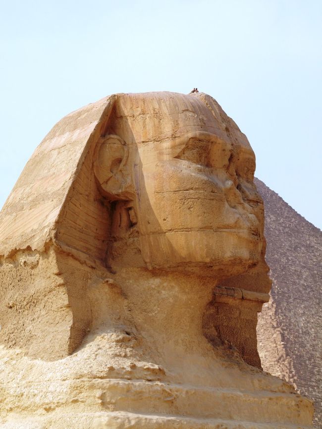 スフィンクスの顔は、カフラー王に似せて作られてたのでは？<br />という説がある。<br /><br />きっとシュッとした顔だったろうに、数々の侵略者によって鼻は削られ、しかも王の証の長いあごひげもむしられ。<br />お気の毒すぎ。<br /><br />スフィンクスのあごひげは、イギリスの大英博物館にあるそうな。<br />イギリス政府よ、早くエジプトへ返還せよ。