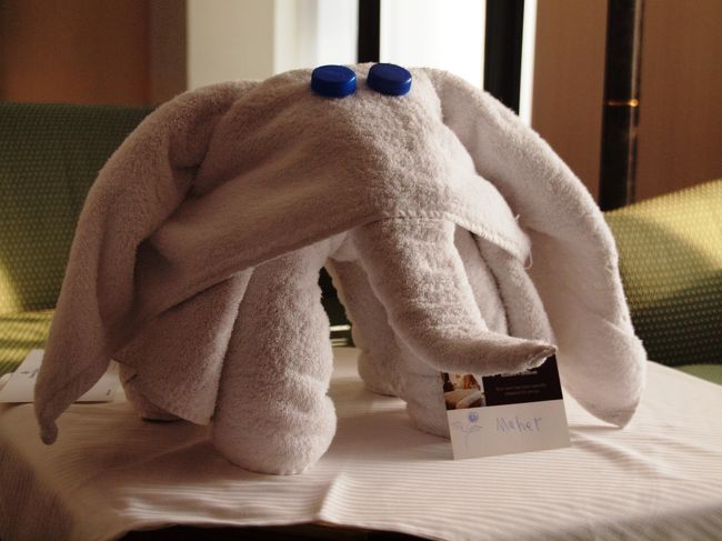 16時。予定時間よりも1時間ほど早くホテルへ到着。<br />ハーン・ハリーリでは買い物しなかったし、ランチも早いし、メンカウラー王のピラミッド内部見物では、ガイドさんも驚くほど早く出てきたし。<br /><br />ガイドさんも運転手さんも早く仕事終了できる、いいお客と思ってもらうとありがたし。<br /><br />ホテルの部屋に入ると・・・・<br /><br />きゃぁぁぁぁぁ♪かわいい♪<br />テーブルの上にドーンとタオルで作ったゾウさんが☆<br /><br />こんな素敵な演出うれし〜い。<br />