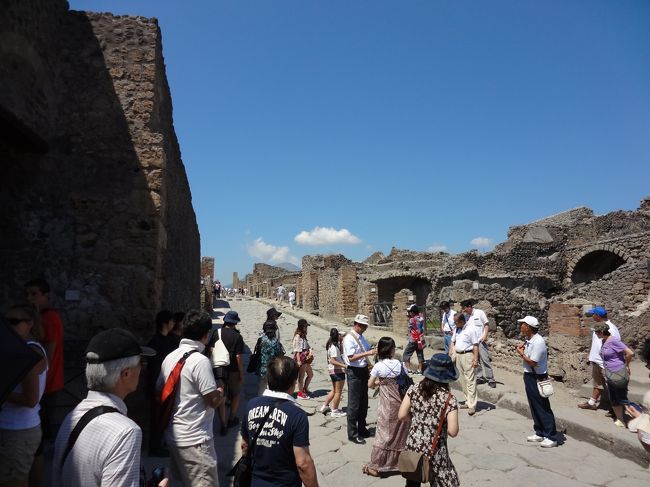 右から3人目の白い靴を履いた男性がガイドの大場さん。<br />喋り方が独特な方で、喋りの合間に笑い声を発しながら案内してくれました。<br /><br />写真の奥にはヴェスビオ山が見えます。